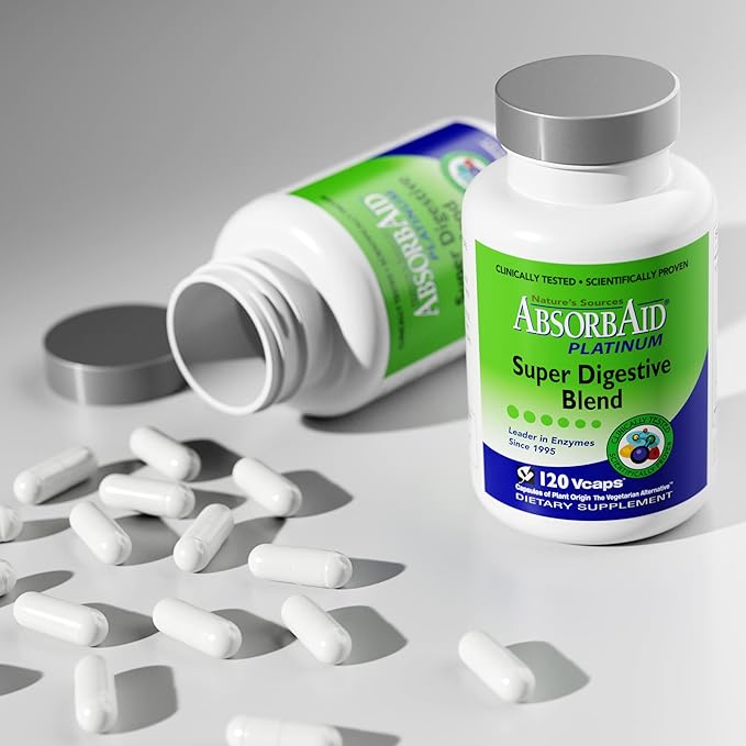 AbsorbAid Platinum Digestive Enzyme Support 120 vCaps 12 Digestive Enzymes Plus 2 Probiotics for Maximum Relief