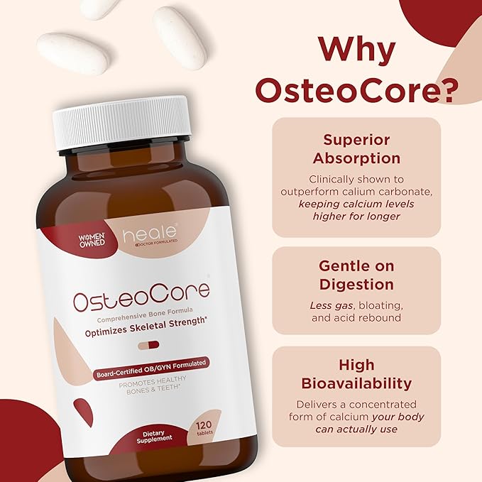 OsteoCore - Calcium Supplements for Women (1 Month Supply) Osteoporosis &amp Bone Health - Calcium Absorption - Vitamin D3 &amp Vitamin K2 Complex - Gluten Free Non GMO Made in USA by Heale - 120