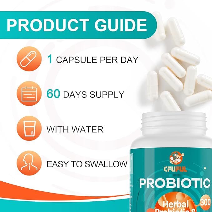 Probiotics for Women &amp Men - 300 Billion CFU 24 Strains Probiotic + 15 Organic Herbs Prebiotics Blend for Overall Digestive Gut Health Immune Constipation &amp Bloating Shelf Stable - 2 Mont