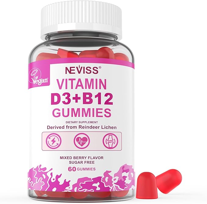 NEVISS Vegan Vitamin D3 + Vitamin B12 Gummies High Potency D3 5000IU &amp 1000 mcg Methylated B12 Vitamin D3 and B12 for Adults Support Bone Health Immune &amp Energy Supplement 60 Count