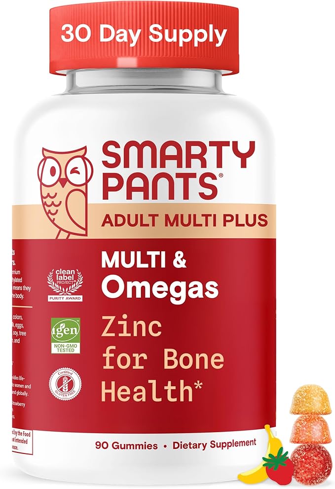 SmartyPants Multivitamin for Men &amp Women Multivitamin Gummies with Omega 3 (DHA/EPA) Vitamin D3 C Vitamin B12 B6 A K &amp Zinc Biotin Gluten Free 90 Count (30 Day Supply)