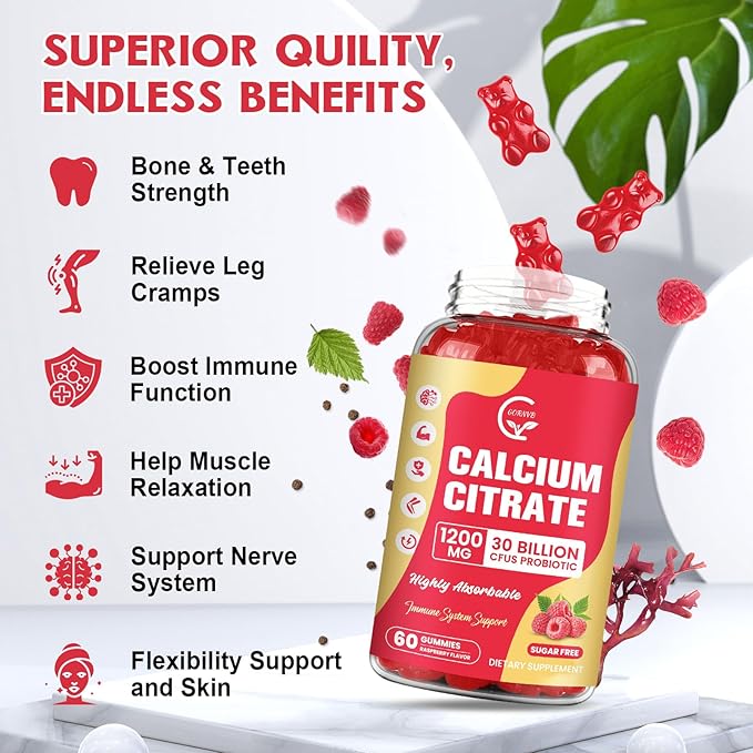 (2 Pack) Sugar Free Calcium Citrate Gummies 1200 mg with Vitamin d3 K2 Magnesium Zinc for Bone Muscle &amp Immune Support High Absorption Calcium Supplement for Women Raspberry Flavor 60 Chews