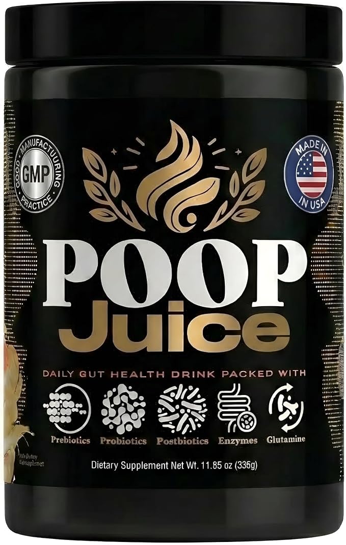 Poop Juice 5-in-1 Daily Fiber Supplement Powder - Bloat &amp Poop Relief - Prebiotic Probiotic Postbiotic Digestive Enzymes L-Glutamine - GLP-1 Support - Sugar-Free Strawberry Lemonade (30 Servin