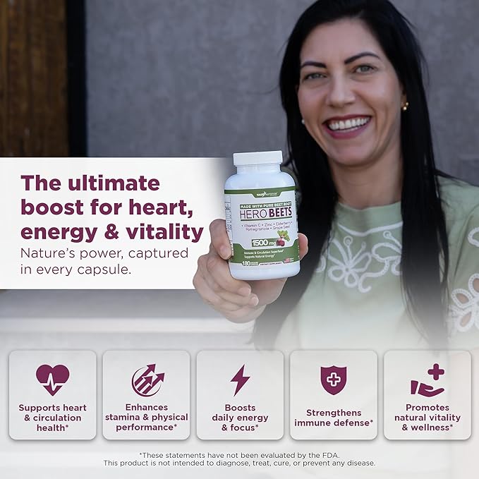 Gade Nutrition Hero Beets - Beet Root Capsules 1500mg - Organic Beet Root Powder + Vitamin C Zinc Elderberry Pomegranate Grape Seed Extract - 3 Months Supply