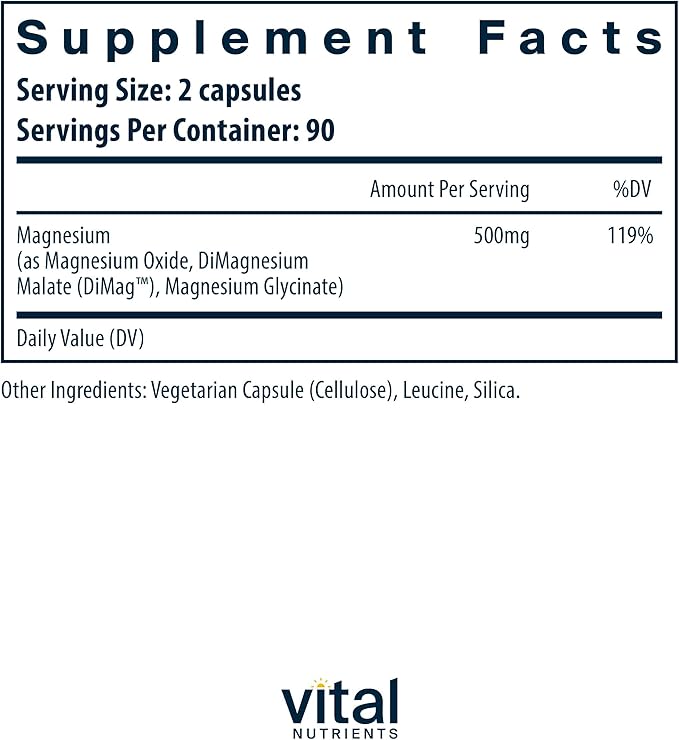 Vital Nutrients Triple Magnesium Complex Supplement - Vegan Magnesium Glycinate Malate &amp Oxide 250mg - Easily Absorbed Magnesium Supplement for Stress Muscle Heart Bone Support - 180 Capsules