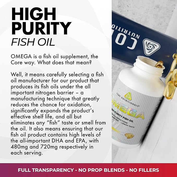Core Nutritionals Omega High Purity Fish Oil | Triglyceride Form EPA &amp DHA | 1300mg Omega-3s | Brain &amp Heart Health Support | Lemon Taste | 120 Softgels