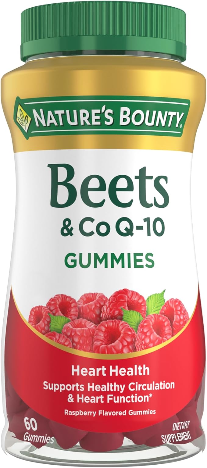 Nature’s Bounty Beets &amp Co Q-10 Gummies for Heart Health Coenzyme Q10 Beet Root Extract Supports Healthy Circulation and Heart Function Cellular Energy Production Raspberry Flavor 60 Gummies