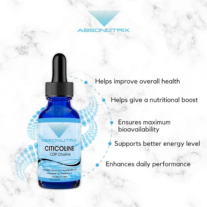 Absonutrix Citicoline 590 mg 4 Oz Bottle 200 Servings Made in USA Quick Absorption Quality Potent Ingredients Non-GMO GMP Certified Cruelty-Free Products