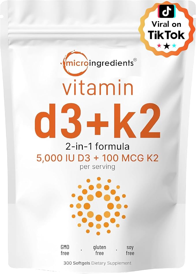 Micro Ingredients Vitamin D3 5000 IU + K2 MK-7 100 mcg 300 Softgels | 2-in-1 Vitamins D &amp K Complex | Extra Strength Easy to Swallow Non-GMO Gluten Free