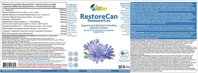 RestoreCan L-Glutamine - 240g L Glutamine Powder Supplement for Digestive Gut Health Muscle Repair and Immune Support Non-GMO and Gluten-Free Glutamine Powder