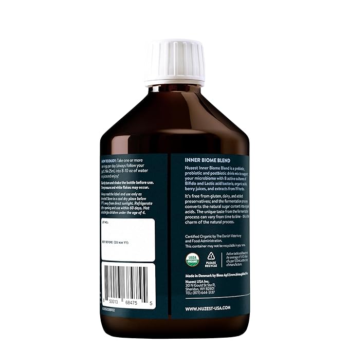 Nuzest - Inner Biome Blend – Prebiotic Probiotic &amp Postbiotic Liquid Drink Mix – Microbiome Support – 8 Microbiotic Cultures 19 Fermented Herbs - Vegan - Organic - Berry Flavour - 16.9 fl.oz/ 50