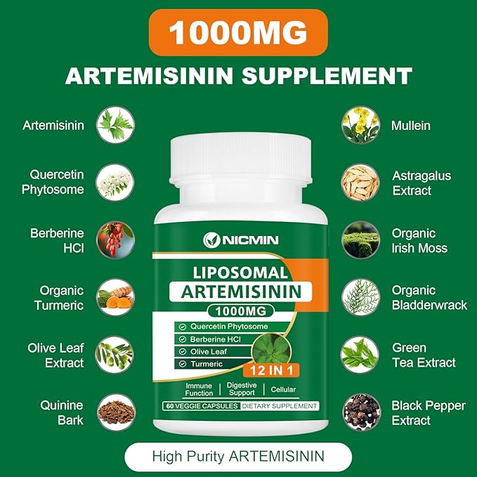 Liposomal Artemisinin Supplement 1000mg Sweet Wormwood Extract with 200mg Quercetin Phytosome Maximum Absorption for Antioxidant 180 Capsules