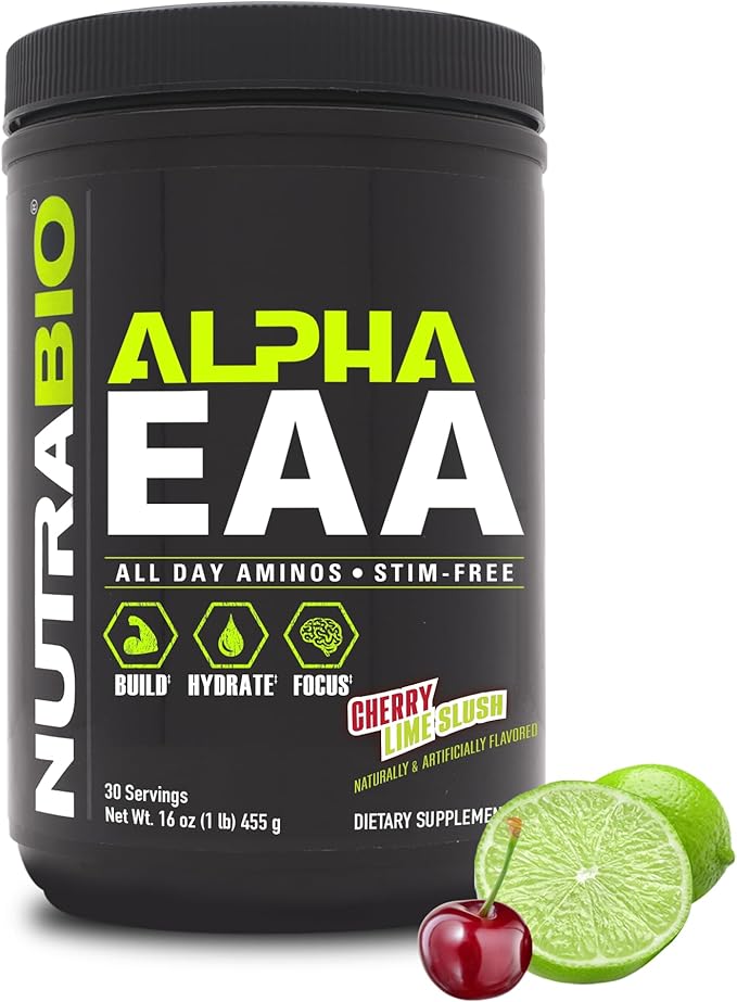 NutraBio Alpha EAA - All-Day Amino Acids for Muscle Growth and Hydration - Essential Amino Acids with Nootropics &amp Adaptogens- Full Spectrum EAA BCAA Powder - 30 Servings - Cherry Lime Slush