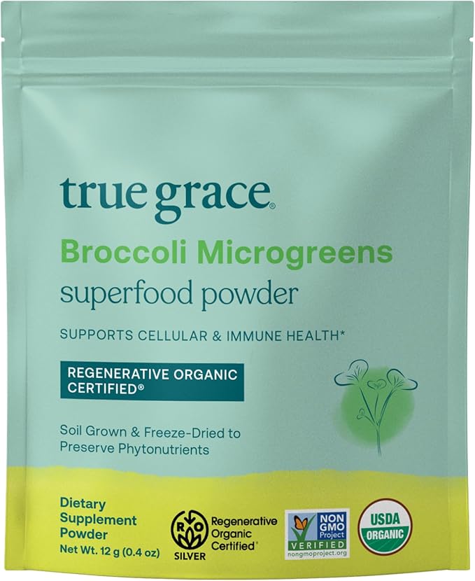 True Grace Broccoli Microgreens - 0.4 oz - Daily Superfood Powder for Cellular &amp Immune Health - Gluten &amp Soy Free Vegan Regenerative Organic Certified - 30 Servings
