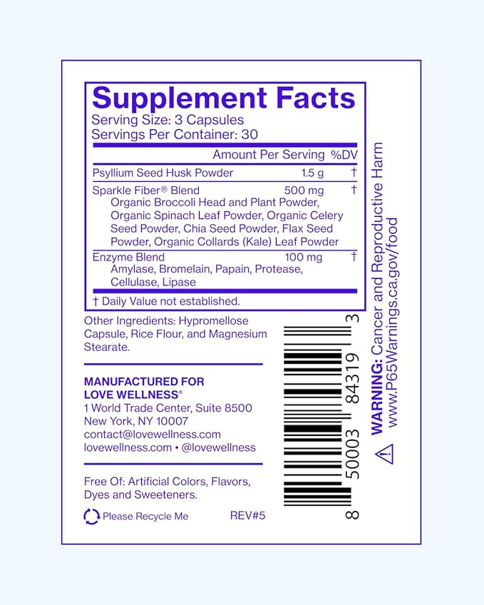 Love Wellness Sparkle Fiber | Fiber Supplement with Digestive Enzymes | Greens Superfood Powder &amp Psyllium Husk Powder | Promotes Gut Health for Women | Regularity &amp Bloating Relief | 90 Count