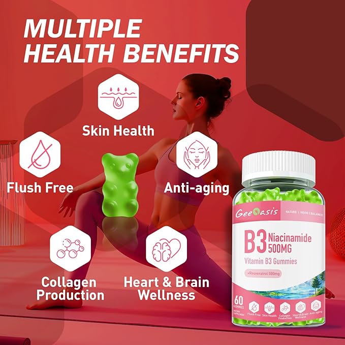 Niacinamide 500mg Gummies Chewable Vitamin B3 Supplement with Resveratrol 500mg High Potency Niacin for Antioxidant Skin &amp Brain Health Immune Support Vegan Apple Flavor 60 Count