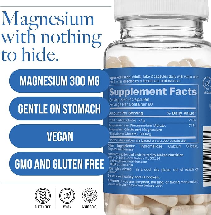 Naked Magnesium Glycinate Complex - 300mg Magnesium Supplement with Citrate &amp Malate - High Absorption Formula - Vegan Non-GMO Gluten-Free - 120 Capsules