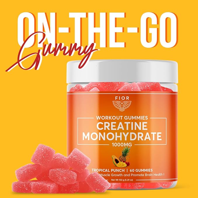 FIOR Creatine Gummy - Best Creatine Monohydrate Chewable 60 Count Workout &amp Protein Supplement Cognitive Enhancement Tropical Punch Flavor 30 Servings