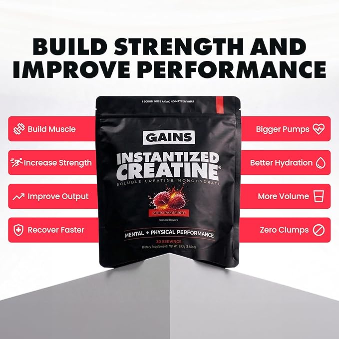 Gains in Bulk Instantized Creatine Monohydrate for Men &amp Women Soluble Pre Workout Powder Supports Muscle Building Strength and Performance Bodybuilding Supplements Sour Raspberry 30 Serving