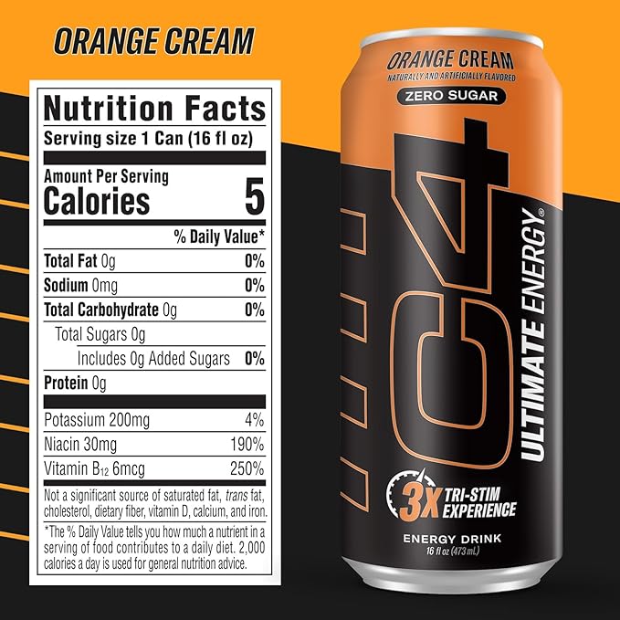 Cellucor C4 Ultimate Pre Workout Sugar Free Energy Drink Tri-Stim Experience with 300mg Caffeine + TeaCrine + Dynamine Orange Cream 16oz (Pack of 24)