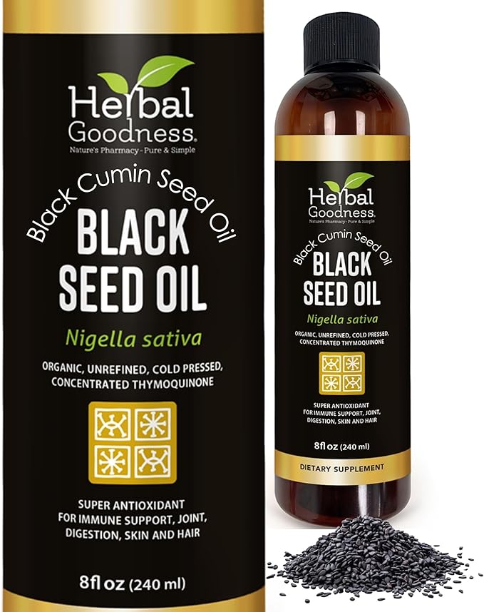 Black Seed Oil - Organic Cold Pressed Nigella Sativa Black Cumin Seed Oil with Thymoquinone Blackseed Liquid for Health Hair Growth &amp Skincare 8 fl. oz | Herbal Goodness