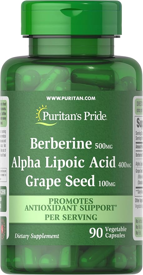 Puritan's Pride Berberine Alpha Lipoic Acid &amp Grape Seed Promotes Antioxidant Support 90 Vegetable Capsules