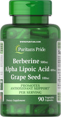 Puritan's Pride Berberine Alpha Lipoic Acid &amp Grape Seed Promotes Antioxidant Support 90 Vegetable Capsules