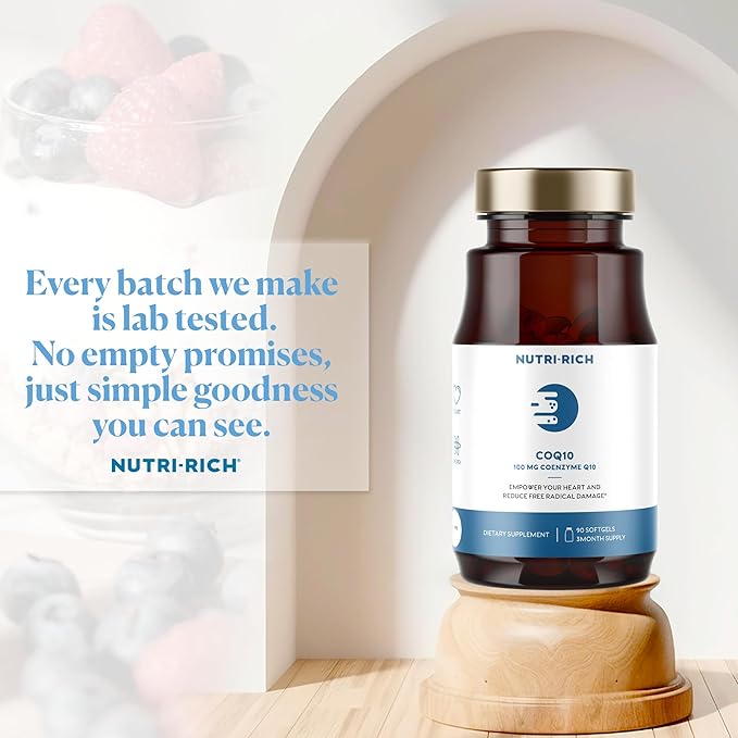 Nutri-Rich CoQ10 Softgels Coenzyme Q10 Ubiquinone for Heart &amp Energy Statin Usage &amp Cellular Health Third Party Tested GMP Quality No Artificial Additives No Soy Gluten Free 90 Count