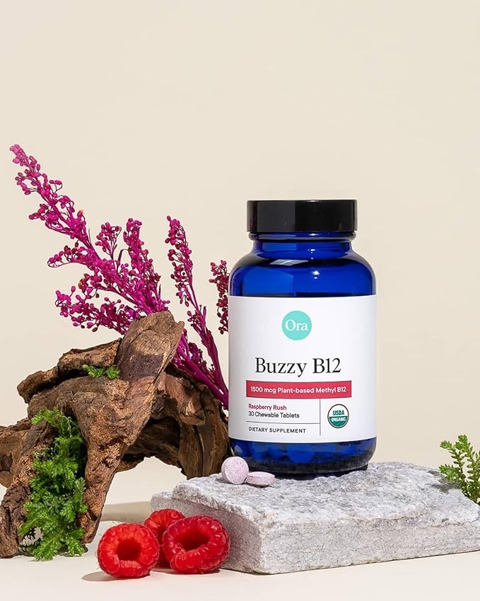 Ora Organic Vitamin B12 1500mcg - Plant-Based methylcobalamin for Adults - Natural Stimulant-Free Energy Raspberry Flavor chewable Tablets no Added Sugar - 30 Tablets (Pack of 2)