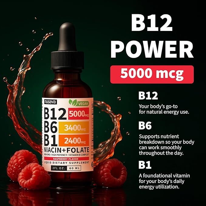 NUSAVA (2 Pack) Vitamin B12 Liquid Drops with B6 B1 Niacin &amp Folate — B12 Sublingual Vitamin B Complex Methylcobalamin 5000 mcg for Energy Brain &amp Heart Support Raspberry Flavor 80 Serv