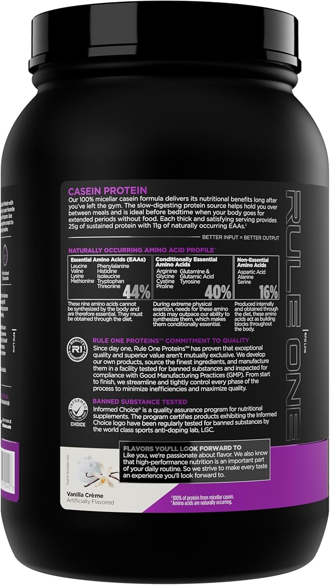 Rule 1 Proteins Casein Protein - 25g Protein and 11g EAAs Per Serving from Slow-Release Micellar Casein for Overnight Recovery and Sustained Delivery Between Meals (2 Pounds Vanilla Crème)