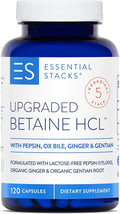 Essential Stacks Betaine HCL with Pepsin Ox Bile Organic Gentian &amp Ginger - Betaine Hydrochloride Supplement w Digestive Enzymes Bile &amp Bitters - Gluten Dairy &amp Soy Free (120 Capsules)