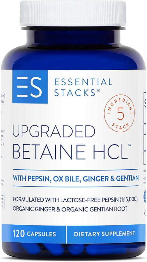 Essential Stacks Betaine HCL with Pepsin Ox Bile Organic Gentian &amp Ginger - Betaine Hydrochloride Supplement w Digestive Enzymes Bile &amp Bitters - Gluten Dairy &amp Soy Free (120 Capsules)