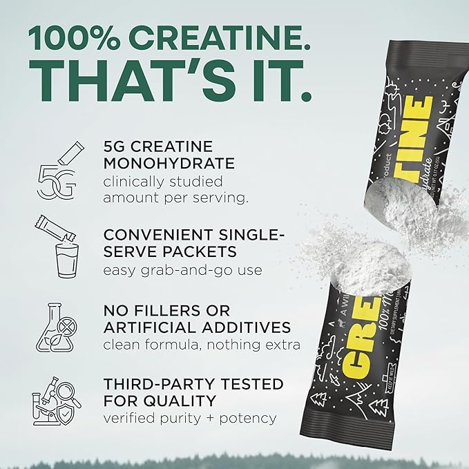 Wild Foods 100% Creatine Monohydrate Powder Packets - 20 Packets - for Brain &amp Performance – Pure Creatine Travel Packs for Men &amp Women USA Made– 5g Creatina Per Serving