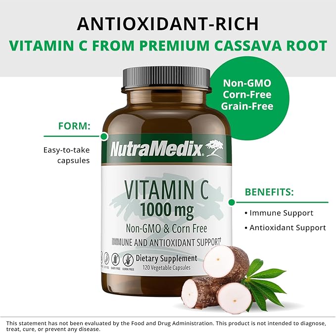 NutraMedix Corn-Free Vitamin C Capsules - Antioxidant &amp Seasonal Immune Support - Vitamin C Supplement with Ascorbic Acid Sourced from Tapioca - 1000 mg (120 Vegetable Capsules)