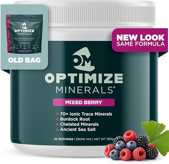 Optimize Minerals Multi Mineral - New Look Same Daily Formula – Magnesium Electrolytes &amp Trace Mineral Supplement Powder - Gluten Free Vitamins Drink - Mixed Berry 30 Servings