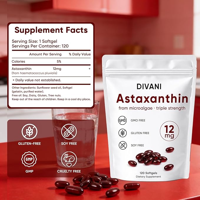 DIVANI Astaxanthin 12mg Antioxidant Supplement for Daily Wellness Immune Eye &amp Skin Support Non-GMO Gluten Free - 120 Softgels