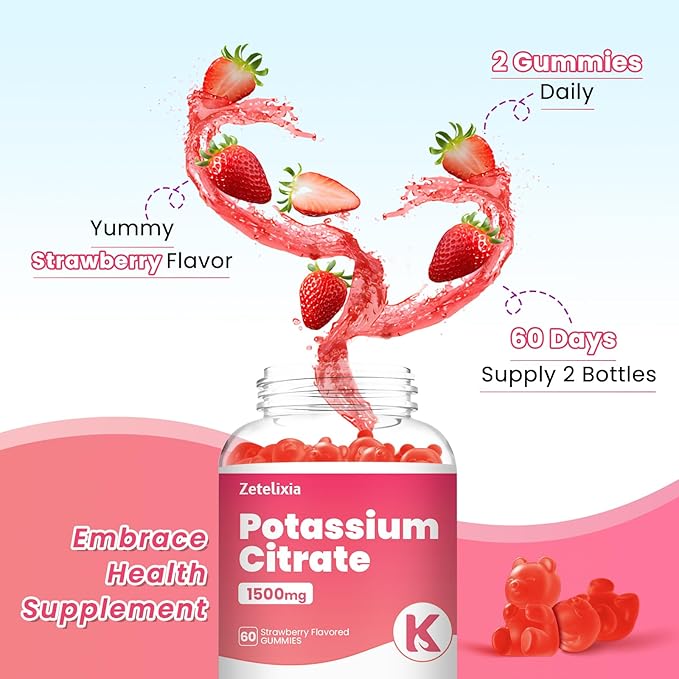 2 Pack Potassium Gummies for Adults Women &amp Men Potassium Citrate Supplement Support Leg Cramps Muscle Health &amp Electrolyte Balance Sugar Free Organic Vegan Strawberry 120 Cts
