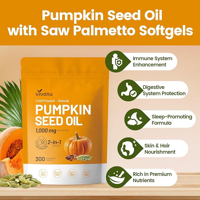 VivoNu Pumpkin Seed Oil with Saw Palmetto Capsules |Cold Pressed Pure Virgin OilEssential Fatty Acids &amp Phytosterols |300 SoftgelsSupports HairUrinaryBladder&ampProstate Health|Non-GMO