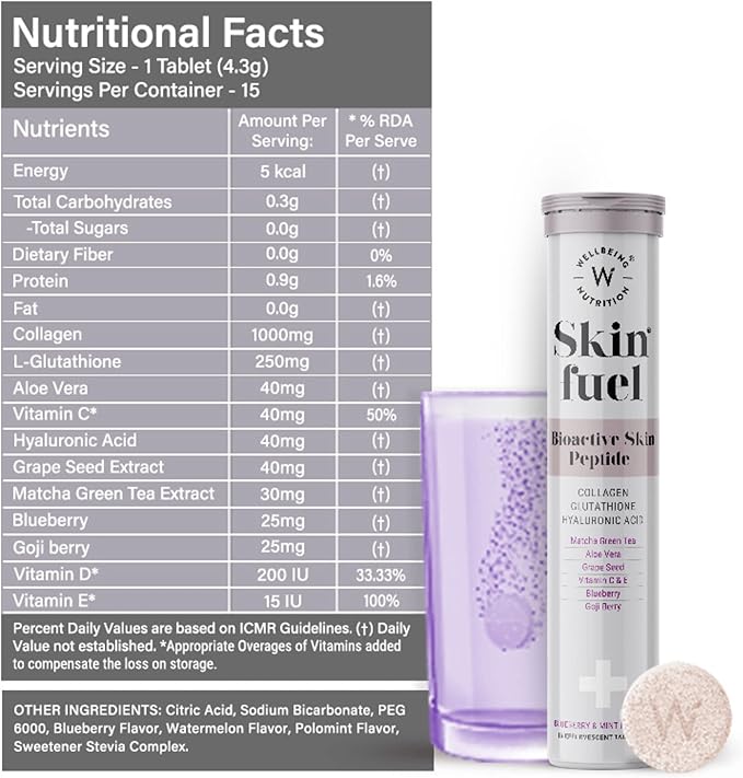 WELLBEING NUTRITION Skin Fuel with Collagen L-Glutathione Hyaluronic Acid Matcha Green Tea Aloe Vera Grape Seed Vitamin C E - 30 Effervescent Tablets