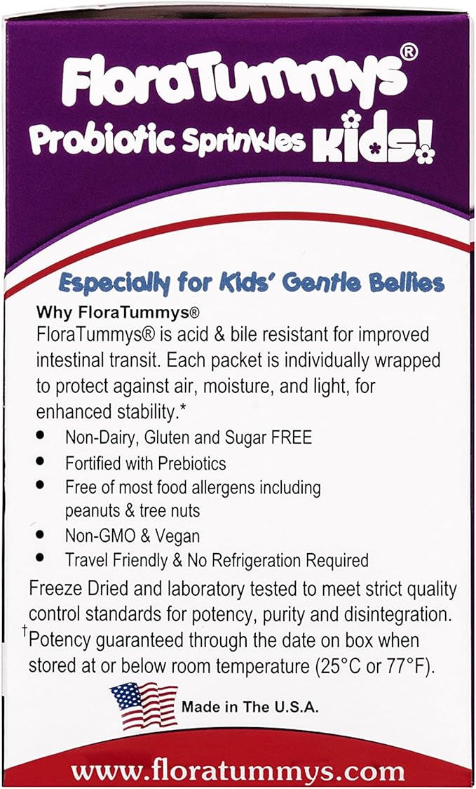 FloraTummys Probiotics for Kids: 30 Taste-Free Powder Packets Free of Food Allergens Non-Dairy Gluten Free Sugar Free Non-GMO Vegan