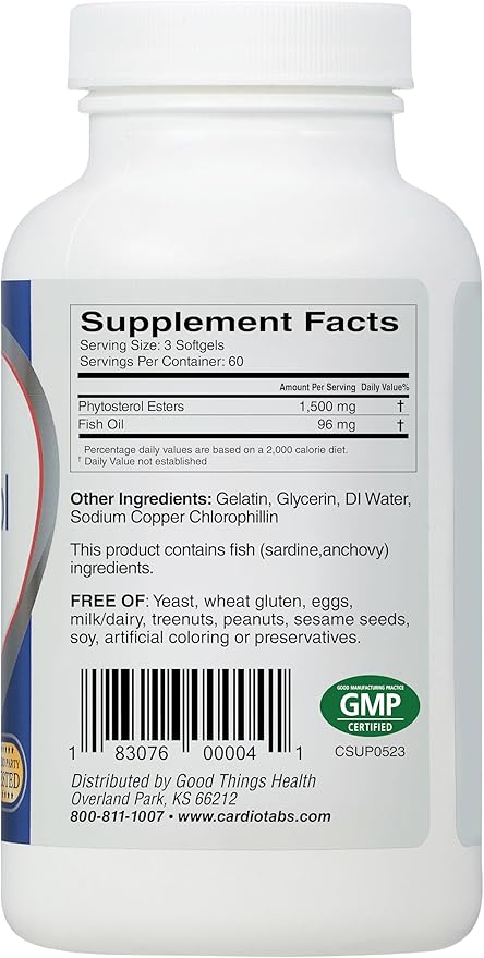 CardioSterol 1.5 Grams of Plant-Based Phytosterol Esters Plus Fish Oil Cholesterol Support Supplement Contains Mixed Tocopherols Plant Sterols Supplement - 60 Day Supply - 180 Softgels