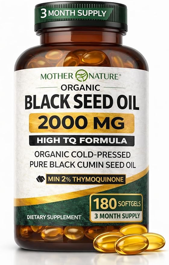 Black Seed Oil Capsules 2000mg Per Serving Organic Cold Pressed Black Cumin High TQ Immune &amp Joint Support 180 Count (3 Month Supply)