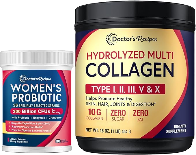 Doctor's Recipes Multi Collagen Peptides Powder 16oz and Probiotics for Women 30 Caps