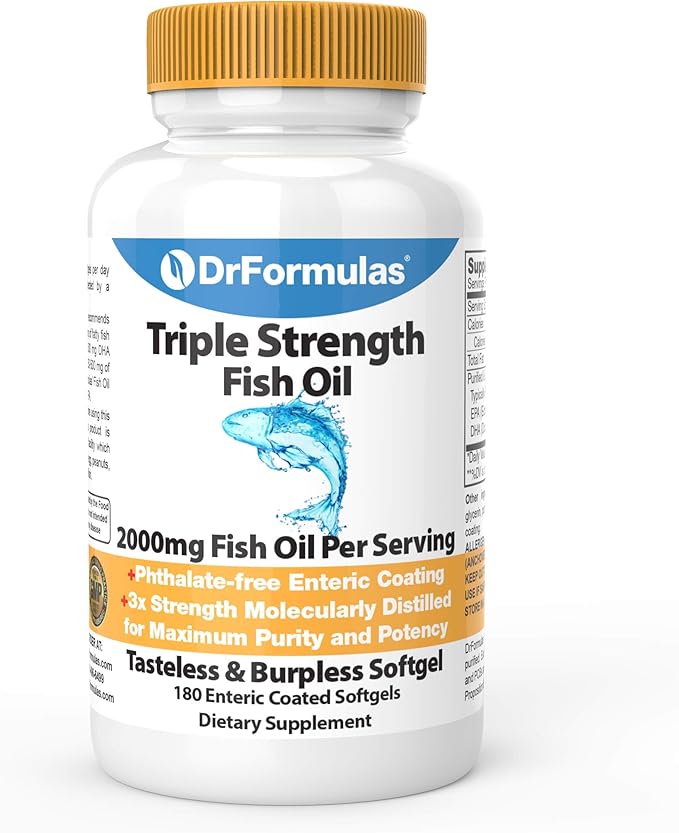 DrFormulas 2000mg Triple Strength Omega 3 Fish Oil with EPA and DHA 180 Burpless Softgels