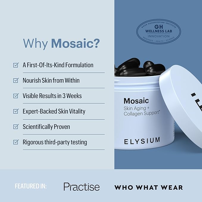 ELYSIUM Mosaic - Hyaluronic Acid Supplement - Clinically Proven - Fights Fine Lines &amp Skin Aging - Collagen Supplement - 30-Day Supply (Vegan Softgels)