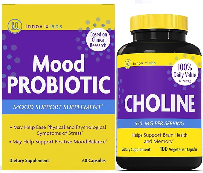InnovixLabs Choline &amp Mood Probiotic Bundle Choline Bitartrate 550mg (100 Capsules) Mood Probiotic (60 Capsules). Supports Memory Mood Brain Health &amp Boost Cognitive.*