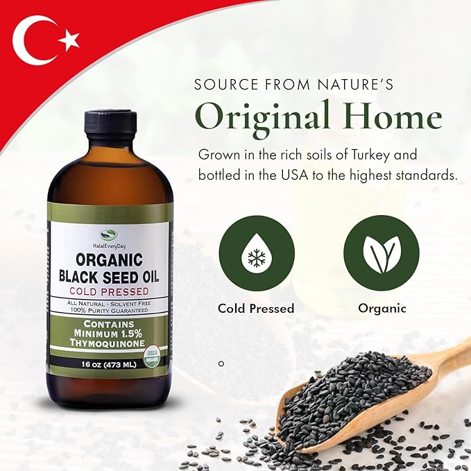 Organic Black Seed Oil - USDA Certified Cold Pressed Glass Bottle Over 1.5% Thymoquinone 3X strength Turkish Black Cumin Nigella Sativa non-GMO 100% Pure Blackseed Oil (32oz Glass (2X16) Bottle)
