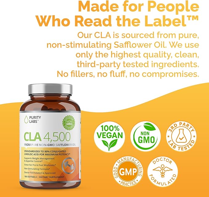 Purity Labs CLA Supplements 4500MG - Non-GMO Safflower Oil - Supports Energy Weight Loss Heart Health and Muscle Health - 180 Soft gels
