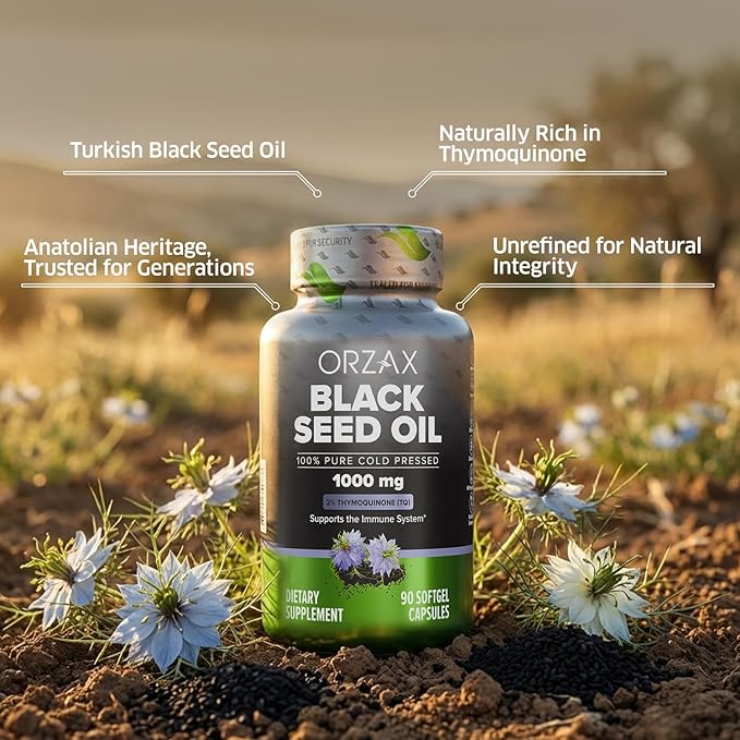 ORZAX Black Seed Oil Cold Pressed 100% Pure | Non-GMO - Rich in Omega 3 6 9 &amp Thymoquinone | Black Cumin Nigella Sativa Oil for Immune Support Hair Skin Face (1000 mg - 90 Softgel Capsules)